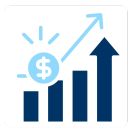 Gráfico de barras ascendentes con flecha en aumento y símbolo de dólar, representando crecimiento financiero y éxito empresarial.